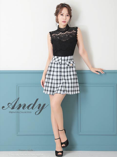 9/22新作![Andy]ハイネックレースチェックプリーツAラインミニ丈キャバドレス[AN-OK2784]
