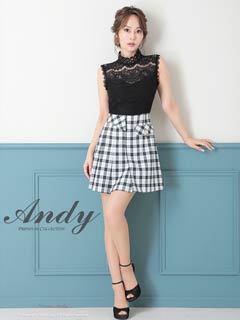 9/22新作![Andy]ハイネックレースチェックプリーツAラインミニ丈キャバドレス[AN-OK2784]