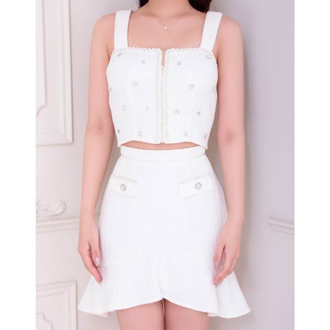 9/22新作![an]ワッフルツイードビジューファスナーマーメイドセットアップ[AOC-3890](ホワイト-XSサイズ)