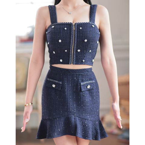 9/22新作![an]ワッフルツイードビジューファスナーマーメイドセットアップ[AOC-3890](ネイビー-XSサイズ)