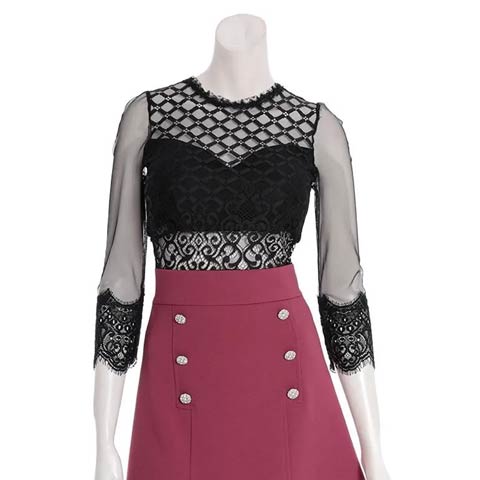 9/22新作![Andy]シアー格子レースビジューボックスプリーツAラインミニ丈キャバドレス[AN-ON2991](ブラックピンク-Sサイズ)