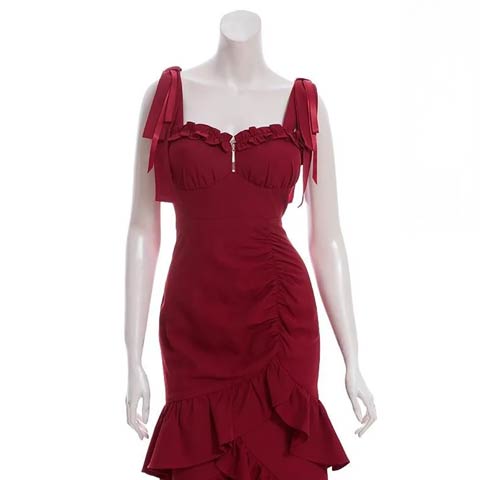 9/24新作![an]フロントジップギャザースリットフリルマーメイドミニ丈キャバドレス[AOC-3972](ワインレッド-Sサイズ)