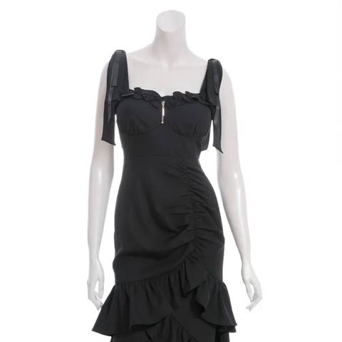 9/24新作![an]フロントジップギャザースリットフリルマーメイドミニ丈キャバドレス[AOC-3972](ブラック-Sサイズ)