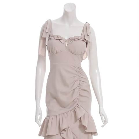 9/24新作![an]フロントジップギャザースリットフリルマーメイドミニ丈キャバドレス[AOC-3972](ベージュ-Sサイズ)