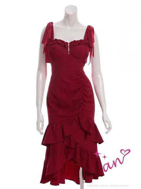 9/24新作![an]フロントジップギャザースリットフリルマーメイドミニ丈キャバドレス[AOC-3972]