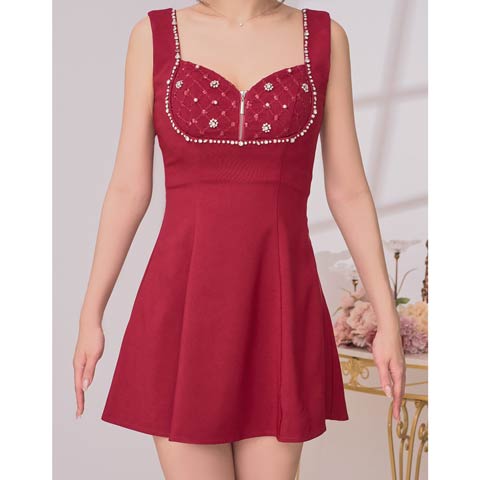 9/24新作![an]バッグドレープリボンファスナービジューAラインミニ丈キャバドレス[AOC-3969](レッド-Sサイズ)