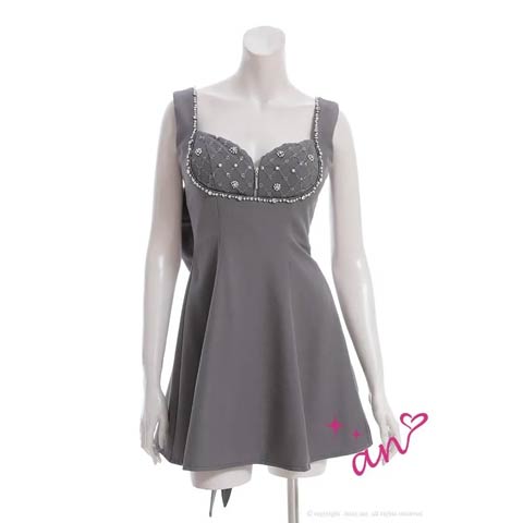 9/24新作![an]バッグドレープリボンファスナービジューAラインミニ丈キャバドレス[AOC-3969](グレー-Sサイズ)