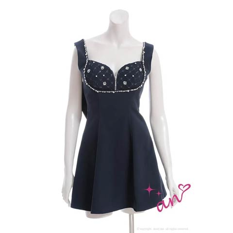 9/24新作![an]バッグドレープリボンファスナービジューAラインミニ丈キャバドレス[AOC-3969](ネイビー-Sサイズ)