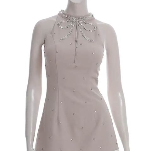 9/24新作![GLAMOROUS by Andy]ヌーディレースクロスラインタイトミニ丈キャバドレス[GMS-V881](ベージュ-XSサイズ)