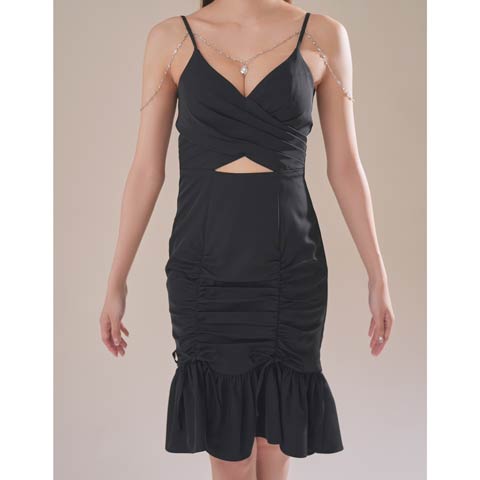 9/24新作![an]リボンビジューファスナーアメスリAラインミニ丈キャバドレス[AOC-3970](ブラック-Sサイズ)