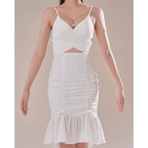 9/24新作![an]リボンビジューファスナーアメスリAラインミニ丈キャバドレス[AOC-3970](ホワイト-Sサイズ)