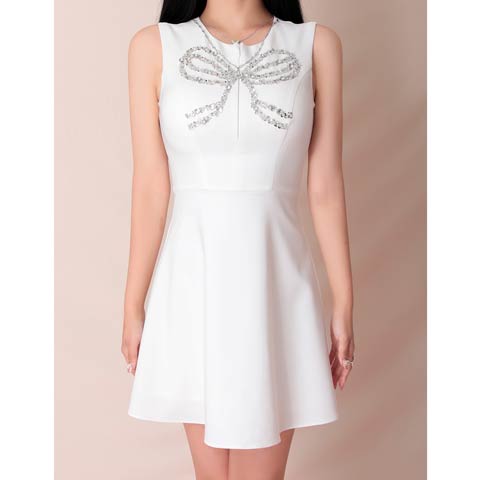 9/26新作![an]ラグジュアリーリボンビジューフロントファスナーAラインミニ丈キャバドレス[AOC-3968](ホワイト-XSサイズ)