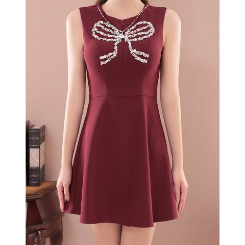 9/26新作![an]ラグジュアリーリボンビジューフロントファスナーAラインミニ丈キャバドレス[AOC-3968](ワインレッド-XSサイズ)