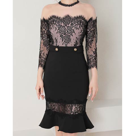 9/19新作![Andy]シースルーオフショルフラワーレースマーメイドミニ丈キャバドレス[AN-OK2794 ](ブラック-Mサイズ)