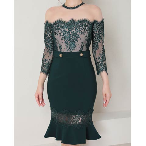 9/19新作![Andy]シースルーオフショルフラワーレースマーメイドミニ丈キャバドレス[AN-OK2794 ](グリーン-Mサイズ)
