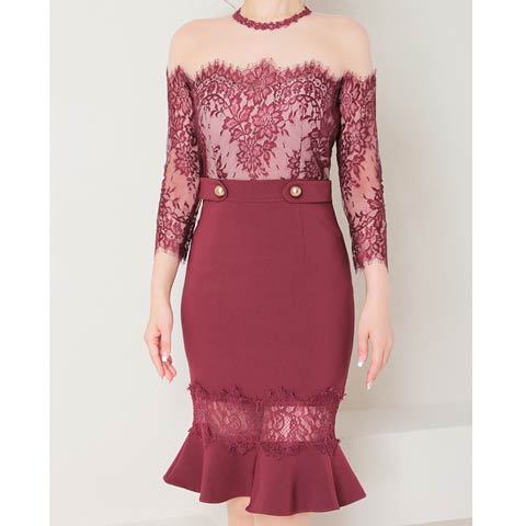 9/19新作![Andy]シースルーオフショルフラワーレースマーメイドミニ丈キャバドレス[AN-OK2794 ](ワインレッド-Mサイズ)