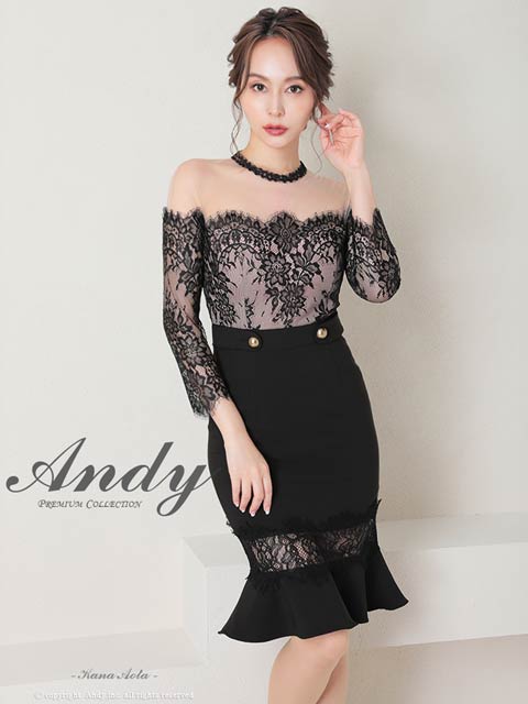 9/19新作![Andy]シースルーオフショルフラワーレースマーメイドミニ丈キャバドレス[AN-OK2794 ]