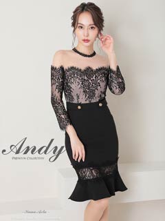 9/19新作![Andy]シースルーオフショルフラワーレースマーメイドミニ丈キャバドレス[AN-OK2794 ]