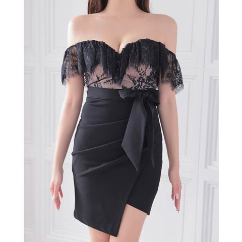9/19新作![Andy]フリルレースオフショルウエストリボンタイトミニ丈キャバドレス[AN-ON2839](ブラック-Mサイズ)