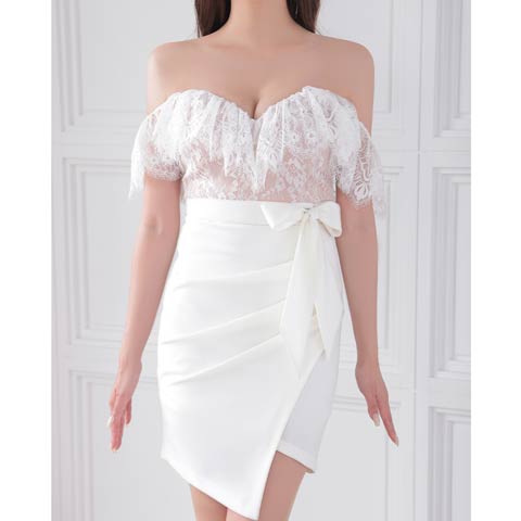 9/19新作![Andy]フリルレースオフショルウエストリボンタイトミニ丈キャバドレス[AN-ON2839](ホワイト-Mサイズ)