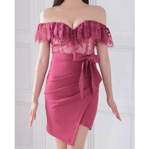 9/19新作![Andy]フリルレースオフショルウエストリボンタイトミニ丈キャバドレス[AN-ON2839](ピンク-Mサイズ)