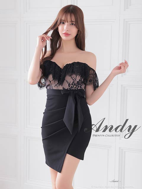 9/19新作![Andy]フリルレースオフショルウエストリボンタイトミニ丈キャバドレス[AN-ON2839]