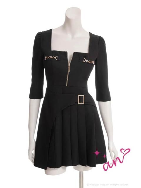 9/26新作![an]フロントジップビジュープリーツラップAラインミニ丈キャバドレス[AOC-3986]