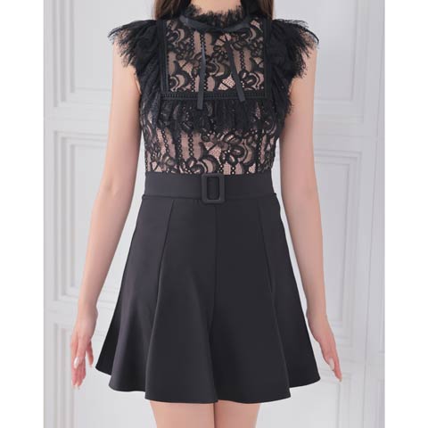 9/29新作!【ポイント20倍】[Andy]フリルレースリボンスクエア刺繍Aラインミニ丈キャバドレス[AN-OK2795](ブラック×ベージュ-Sサイズ)