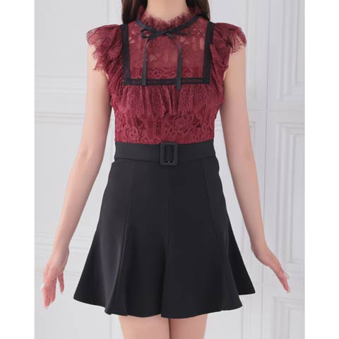 9/29新作!【ポイント20倍】[Andy]フリルレースリボンスクエア刺繍Aラインミニ丈キャバドレス[AN-OK2795](ワインレッド-Sサイズ)