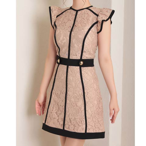 9/29新作!【ポイント20倍】[Andy]パイピングラインオールレースAラインミニ丈キャバドレス[AN-OK2795](ベージュ×ブラック-Sサイズ)