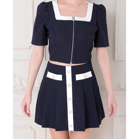 9/29新作!【ポイント20倍】[an]バイカラースクエアフロントジッププリーツAラインセットアップ[AOC-3909](ネイビー-Sサイズ)