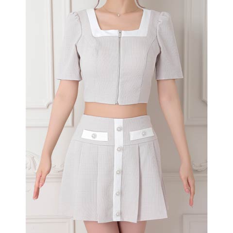 4/21再販!【ポイント20倍】[an]バイカラースクエアフロントジッププリーツAラインセットアップ[AOC-3909](ベージュ-XSサイズ)