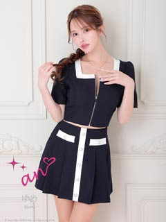 9/29新作!【ポイント20倍】[an]バイカラースクエアフロントジッププリーツAラインセットアップ[AOC-3909]