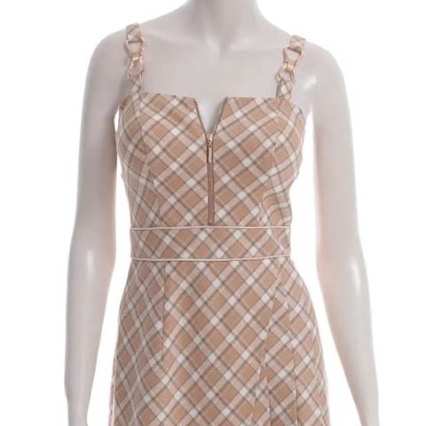 10/1新作![an]チェック柄ノースリーブジッパーアシメプリーツAラインミニ丈キャバドレス[AOC-3992](ベージュ-XSサイズ)