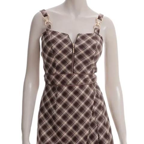 10/1新作![an]チェック柄ノースリーブジッパーアシメプリーツAラインミニ丈キャバドレス[AOC-3992](ブラウン-XSサイズ)