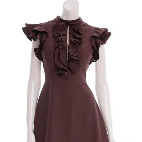 10/1新作![an]ハイネックフリルリボンフロントジップAラインミニ丈キャバドレス[AOC-3991](ブラウン-Sサイズ)