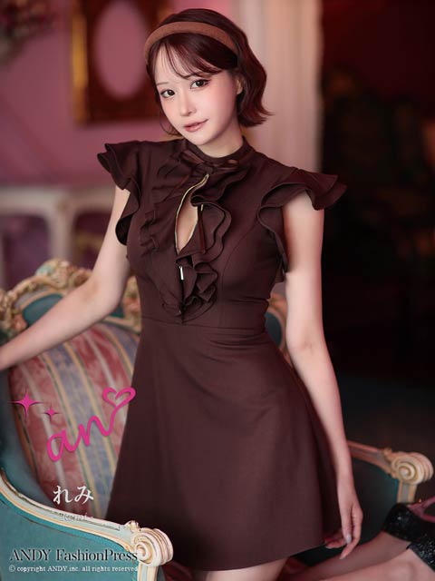 10/1新作![an]ハイネックフリルリボンフロントジップAラインミニ丈キャバドレス[AOC-3991]