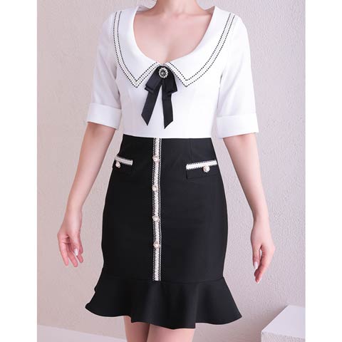 10/1新作![Andy]襟付きビジューリボン五分袖マーメイドミニ丈キャバドレス[AN-ON2715](ホワイトXブラック-Sサイズ)