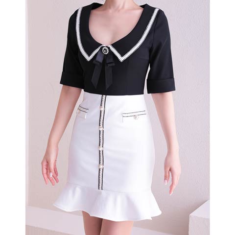 10/1新作![Andy]襟付きビジューリボン五分袖マーメイドミニ丈キャバドレス[AN-ON2715](ブラックXホワイト-Sサイズ)