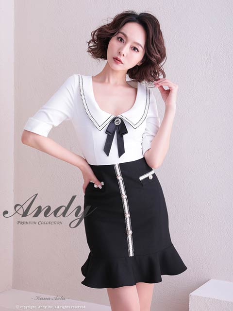 10/1新作![Andy]襟付きビジューリボン五分袖マーメイドミニ丈キャバドレス[AN-ON2715]