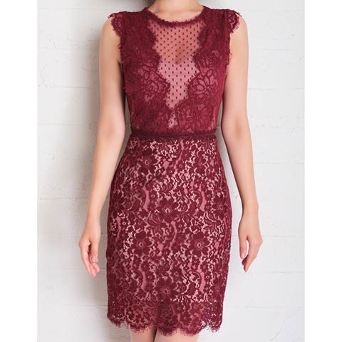 10/1新作![Andy]ノースリーブシアードットフラワーレースタイトミニ丈キャバドレス[AN-OK2670](ワインレッド-Sサイズ)