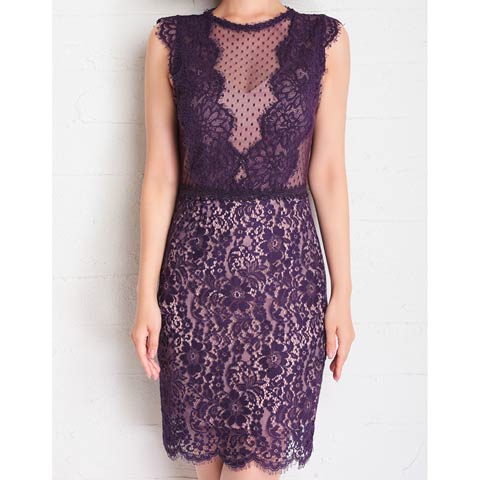 10/1新作![Andy]ノースリーブシアードットフラワーレースタイトミニ丈キャバドレス[AN-OK2670](パープル-Sサイズ)