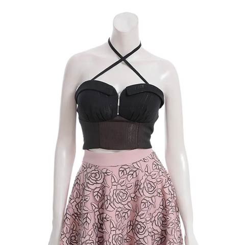 10/3新作!【ポイント20倍】[an]デコルテクロスフロントジップローズ柄Aラインミニセットアップ[AOC-3973](ブラックXピンク-Sサイズ)