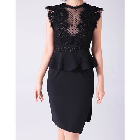 10/3新作!【ポイント20倍】[Andy]ドットシアーフラワーレースペプラムスリットタイトミニ丈キャバドレス[AN-OK2674](ブラック-Sサイズ)