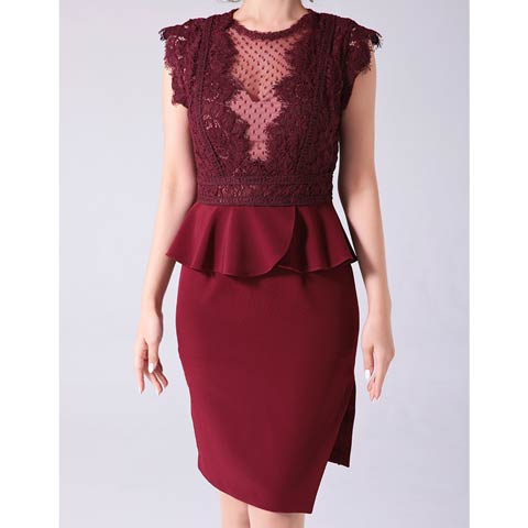 10/3新作!【ポイント20倍】[Andy]ドットシアーフラワーレースペプラムスリットタイトミニ丈キャバドレス[AN-OK2674](ワインレッド-Sサイズ)
