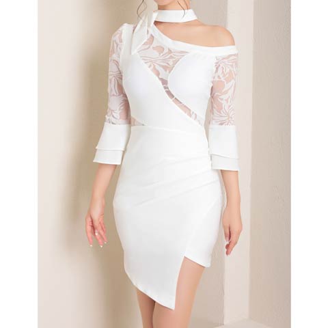 10/3新作!【ポイント20倍】[Andy]シアーレースワンショル風チョーカーネックリボンタイトミニ丈キャバドレス[AN-OK2758](ホワイト-Sサイズ)