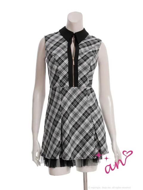 10/3新作!【ポイント20倍】[an]襟付きチェックフロントジップチュールAラインミニ丈キャバドレス[AOC-3993]