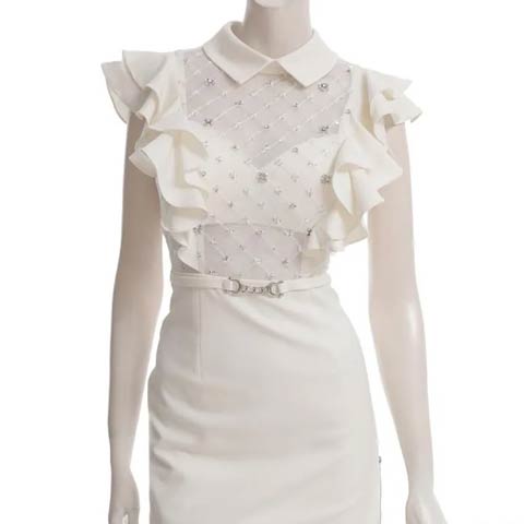 10/10新作!【ポイント20倍】[an]襟付きビジューシアーフリルスリーブタイトミニ丈キャバドレス[AOC-3998](ホワイト-Sサイズ)