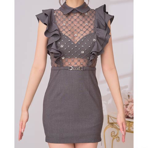 10/10新作!【ポイント20倍】[an]襟付きビジューシアーフリルスリーブタイトミニ丈キャバドレス[AOC-3998](グレー-Sサイズ)