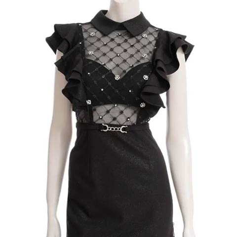 10/10新作!【ポイント20倍】[an]襟付きビジューシアーフリルスリーブタイトミニ丈キャバドレス[AOC-3998](ブラック-Sサイズ)